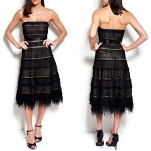 Vintage BCBG Maxazria Strapless black lace dress with Ostrich feathers
